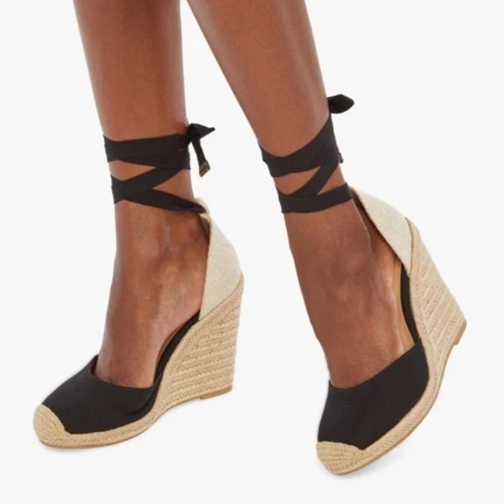 Black Espadrilles Wedges Ankle Tie Shoes